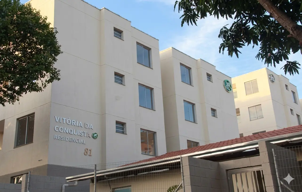 Fachada do Residencial Vitória da Conquista com prédios de apartamentos claros, cercamento frontal e área arborizada em Ipatinga