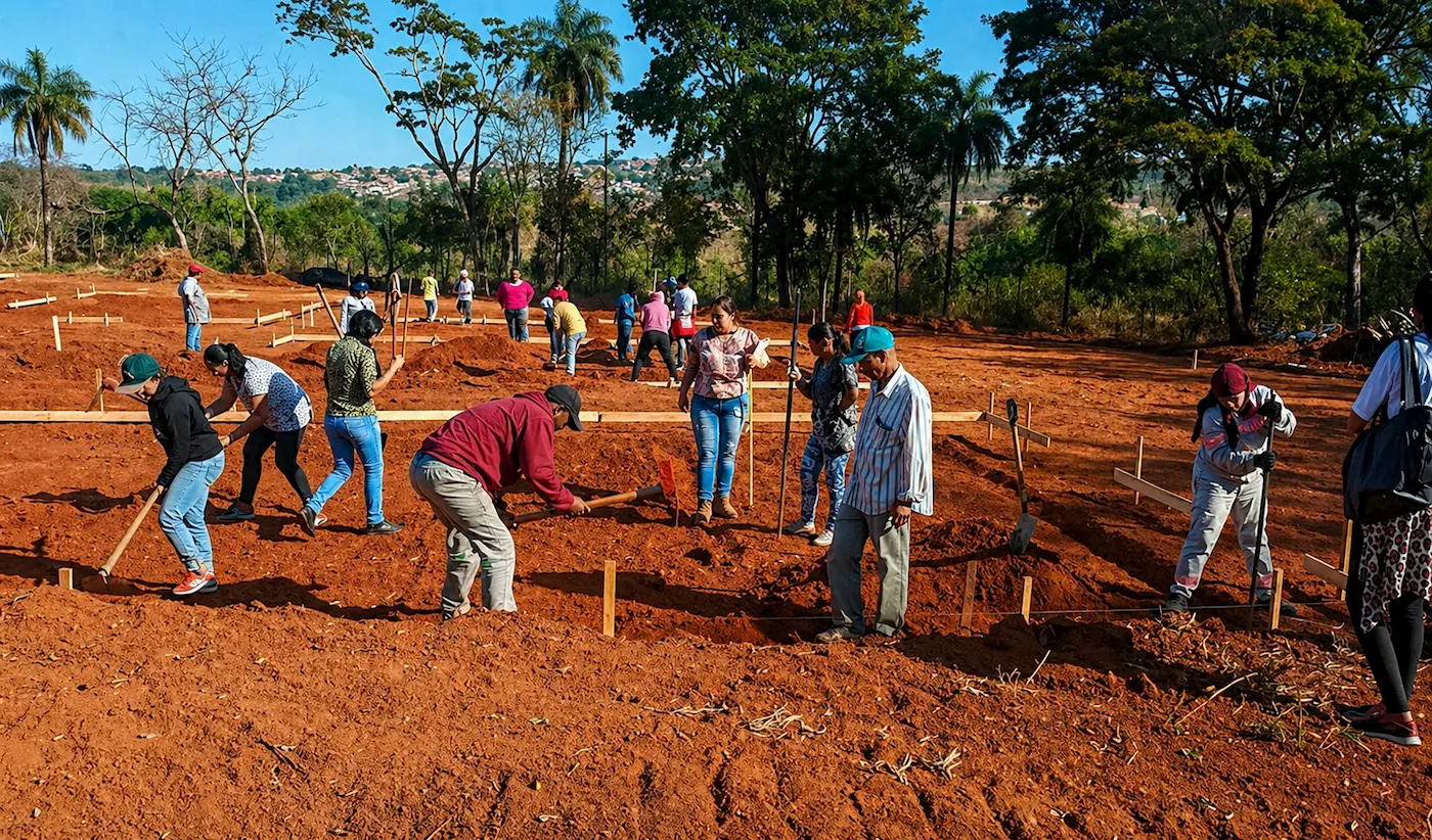 Grupo de pessoas trabalhando em mutirão na preparação de terreno para construção de moradias em área aberta.
